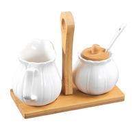 Ensemble de sucre et de crème en céramique avec couvercle, cuillère et palettes en bois, accessoires de bar à café en céramique, pot à sucre, pot à sucre, pour café à la maison, ensemble de service à