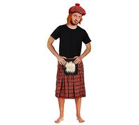 Ensemble de supporters écossais - Tartan rouge tué + chapeau de Tam O'Shanter assorti avec cheveux attachés - Costume pour adultes fans de football écossais (standard)