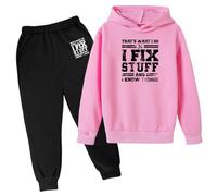 Ensemble de survêtement 2 pièces pour fille avec capuche « Thats What I Do I Fix Stuff and I Know Things » - Ensemble de survêtement pour enfants - Hiver et automne, rose, 12-13 ans
