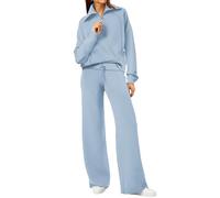 Ensemble de survêtement deux pièces pour femme, sweat shirt décontracté à demi zip et pantalon large, bleu ciel, taille L. Pull doux.
