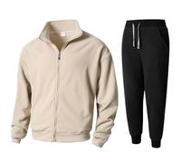 Ensemble de survêtement en peluche pour homme, avec fermeture éclair, chaud et respirant, avec poches et cordon de serrage, confortable et léger, beige, S