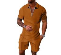 Ensemble de survêtement jacquard pour homme avec col montant et manches courtes et cordon de serrage et short 2 pièces, 48#_Kaki, XXL