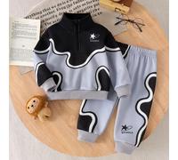 Ensemble de survêtement pour bébé garçon, automne, noir gris blanc, imprimé vague et étoile, demi-zip, manches longues amples, tenue décontractée et sportive pour la rentrée scolaire 6-9M,9-12M,12-18M