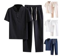 Ensemble de survêtement pour homme avec col en V en coton et lin T-shirts et pantalon de jogging Coupe droite Stretch 2 pièces - Sweatshirt confortable et décontracté Survêtement de loisirs