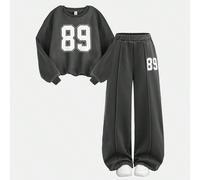 Ensemble de survêtement tricoté pour fille préadolescente, style décontracté école et street mode, Sweat-shirt-shirt col ras-du-cou avec graphisme lettres & chiffres et pantalon droit à jambes larges