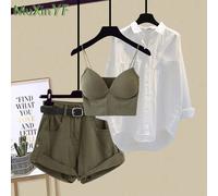 Ensemble de survêtement trois pièces pour femmes, coréen, élégant, décontracté, blanc, crème solaire, cardigan, porte-jarretelles, denim, court, imbibé, nouvelle mode Only Short