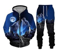 Ensemble de sweat à capuche à motif de loup imprimé en 3D pour homme et femme avec fermeture éclair et ensemble à manches longues, 1, M