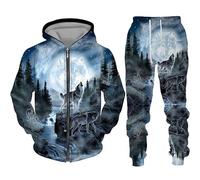 Ensemble de sweat à capuche à motif de loup imprimé en 3D pour homme et femme avec fermeture éclair et ensemble à manches longues, 14, M
