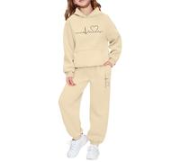 Ensemble de Sweat à Capuche et Sweat-Shirt à Manches Longues pour Filles avec Imprimé Lettre Idéal pour Tenues Décontractées et Sorties Extérieures (Beige-c, 13-14 Years)