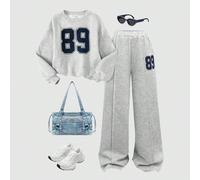 Ensemble de sweat-shirt à capuche col rond avec imprimé lettres et chiffres et pantalon droit taille haute jambe large en jersey, style collégial décontracté pour préadolescentes, tenue retour à l'éco