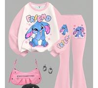 Ensemble de Sweat-shirt-shirt à col ras du cou à manches longues, coupe ample, motif lapin bleu et point de couture Kawaii Cute dessin animé, blocs de couleurs, saison cosy, dopamine, jeune fille, sty