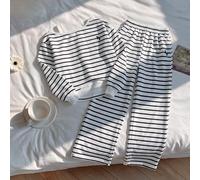 Ensemble de sweatshirt automne/hiver pour filles, top court asymétrique avec bretelle d'épaule patchwork et épaules dénudées avec imprimé rayures noir & blanc + pantalon droit à taille élastique assor