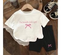 Ensemble de t-shirt à manches courtes à col rond décontracté et confortable avec impression de lettre mignonne et nœud papillon à la mode pour bébé filles, lot 2 pièces comprenant un short, idéal pour