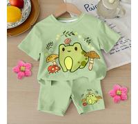 Ensemble de t-shirt à manches courtes à col rond simple et shorts ajustés avec impression de grenouille de bande dessinée mignonne, adapté pour le printemps et l'été, pour petite fille 6-9M,9-12M,12-1
