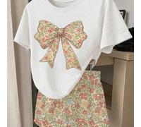 Ensemble de t-shirt blanc pour adolescentes, shorts à fleurs ditsy, coupe ample et décontractée, convient pour les sorties, le printemps, l'été, l'automne, convient pour les filles et les femmes, usag