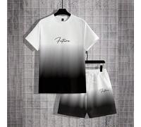 Ensemble de t-shirt casual à manches courtes et de short pour hommes d'été, imprimé lettres, col rond, blocs de couleurs, pour sortir L,M,S,XL,XXLLettres,Ombré,Tout ImpriméPolyester