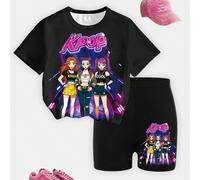 Ensemble de t-shirt court et short de vélo pour filles, style décontracté et créatif avec personnage de groupe virtuel, fond noir, lumière néon et graphiques. Ensemble confortable et à la mode pour le