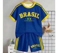 Ensemble de T-shirt minimaliste décontracté pour bébé garçon, adapté pour l'été, motif classique de la Coupe du Monde de football, impression du drapeau du Brésil avec texte, tenue de joueur de footba
