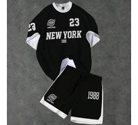 Ensemble de t-shirts col rond rétro américain New York 23, ensemble de t-shirts contrastés noir et blanc L,M,S,XL,XXLBlocs de couleur,LettresTissu tricoté