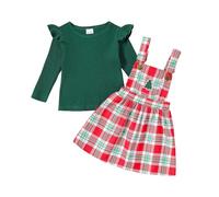 Ensemble de t-shirts côtelés à manches longues pour fille avec plaid imprimé jupes pour filles, Vert armée., 18-24 mois