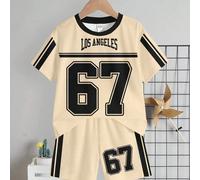 Ensemble de t-shirts décontractés pour jeune garçon, imprimé graphique rayé classique et cool, numéros iconiques 6, 7, texte "Six", "Seven", imprimé texte stylisé "1" Los Angeles City, convient pour l