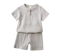 Ensemble de t-shirts et shorts pour enfants en bas âge bébé garçon fille solide pull à manches courtes coton lin sweat-shirt t-shirt col rond hauts shorts ensemble vêtements, gris, 2-3 ans