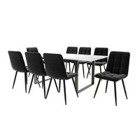Ensemble De Table À Manger (9 PCS), Avec 8 Chaises En Velours Noir, Plateau En MDF En Blanc,140/180 × 80 × 75cm, Pieds Noir