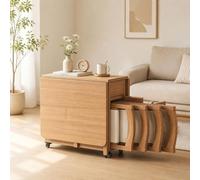 Ensemble de Table à Manger Pliante Mobile en Bois Massif | Table à abattants gain de place avec 4 chaises gigognes et étagère de rangement pour cuisine, salle à manger(Natural)