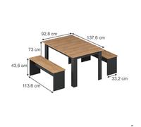 Ensemble de table à manger Sentio, 137.6x92.8cm avec 2 bancs, Anthracite/Chêne de force doré, Vicco 36686