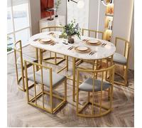 Ensemble de table à manger six chaises: (table à manger blanche, chaise avec dossier et intérieur gris, cadre en fer doré), ensemb