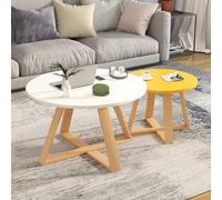 Ensemble de table basse gigogne, design moderne en bois rond avec pieds croisés, solution peu encombrante pour le salon