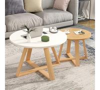 Ensemble de table basse gigogne, design moderne en bois rond avec pieds croisés, solution peu encombrante pour le salon