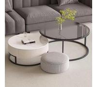 Ensemble de table basse gigogne, design rond moderne avec plateau en bois gaufré et cadre en métal, montage facile pour salon, balcon, bureau