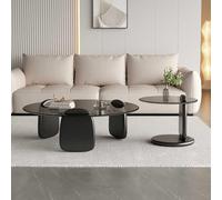 Ensemble de table basse ronde en verre trempé, table basse moderne minimaliste avec base en bois, table d'appoint facile à assembler pour le salon