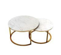 Ensemble de Table Basse, Table d'appoint Moderne Aspect marbre, mobilier de Salon Blanc et doré, 70 cm + 50 cm(80cm+60cm)