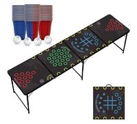 Ensemble de table Beer Pong 4 en 1, avec 50 gobelets et 8 balles, à rabat, cage de trage, Drunk Tac Toe, table de tournoi pliable, 240 x 60 x 70 cm, kit de fête multigame (table, gobelet et balles)