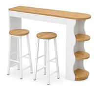 Ensemble de table de bar à hauteur de comptoir avec 2 tabourets, table de pub multicouche en bois massif avec 3 étagères de rangement latérales, comptoir de bar mural étroit Light walnut 150cm/59.1in