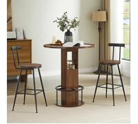 Ensemble de table de bar et tabourets 3 pièces, Table a manger ronde de 80 cm et 2 chaise, Table avec repose-pieds métallique, Noyer