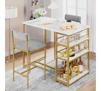Ensemble de table de bar pour 2 personnes, grande table de salle à manger avec 3 étagères de rangement et tabourets rembourrés, gain de place, coin petit déjeuner pour petits appartements