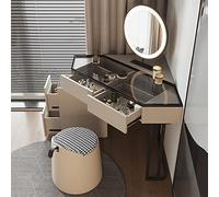 Ensemble de Table de Maquillage d'angle Moderne, Bureau avec Coiffeuse LED et Tabouret, comptoir en Verre trempé Transparent, Bureau avec 4 tiroirs, pour Femmes, Filles, Petits espaces