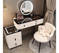 Ensemble de table de maquillage moderne avec miroir LED et tabouret rembourré 5 tiroirs Bluetooth audio sans fil Blanc 80 cm