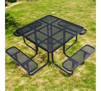 Ensemble de table de pique-nique carrée robuste de 116,8 cm avec bancs, table de salle à manger d'extérieur en métal d'une capacité de 725,7 kg avec trou pour parasol de 5,1 cm, parfaite pour cour