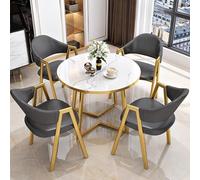 Ensemble de table de salle à manger 4 places moderne du milieu du siècle avec plateau rond imitation marbre et 4 chaises et base en bois pour cuisine, petit déjeuner, bureau