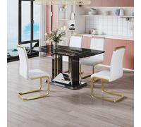 Ensemble de table de salle à manger de luxe, 5 pièces, table de cuisine moderne en verre avec 4 chaises en cuir PU, finition imitation marbre, idéal pour salle à manger ou meubles de cuisine pour 4