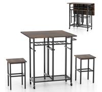 Ensemble de table de salle à manger extensible 3 pièces avec 2 tabourets, 6 bouteilles de vin, poignée latérale et 5 roulettes - Mobilier de cuisine peu encombrant (marron et noir)