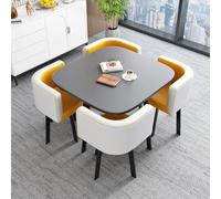 Ensemble de table de salle à manger moderne en marbre avec chaises pour bureau, réception, gris et jaune, blanc, combinaison table carrée et chaises pour salle de négociation.