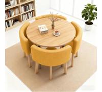 Ensemble de table de salle à manger moderne jaune avec 4 chaises rembourrées, design rond, plateau épais, meuble élégant et décontracté pour salle à manger et coin café