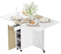 Ensemble de table de salle à manger pliable pour 4 personnes - Table de cuisine extensible avec 2 niveaux de rangement et 6 roulettes, bois de poirier élégant et finition blanche