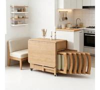 Ensemble de Table de Salle à Manger Pliante de 55 Pouces, Table à abattant Extensible permettant de Gagner de l'espace, Table de dinette Mobile en Bois Massif avec 4/6 chaises et roulettes(6 Chairs)