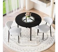 Ensemble de table de salle à manger ronde 100 cm aspect bois noir avec insert en verre et étagère, 2 chaises blanches en cuir synthétique, 3 pièces, design moderne de table bistrot et chaises